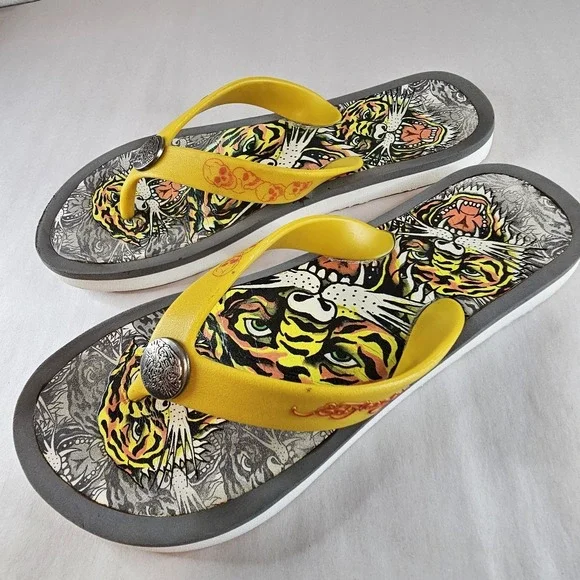 Y2K‎ Ed Hardy Tiger Skull Flip Flop Sandals Yellow Women's Size 5/6 - Picture 6 of 13